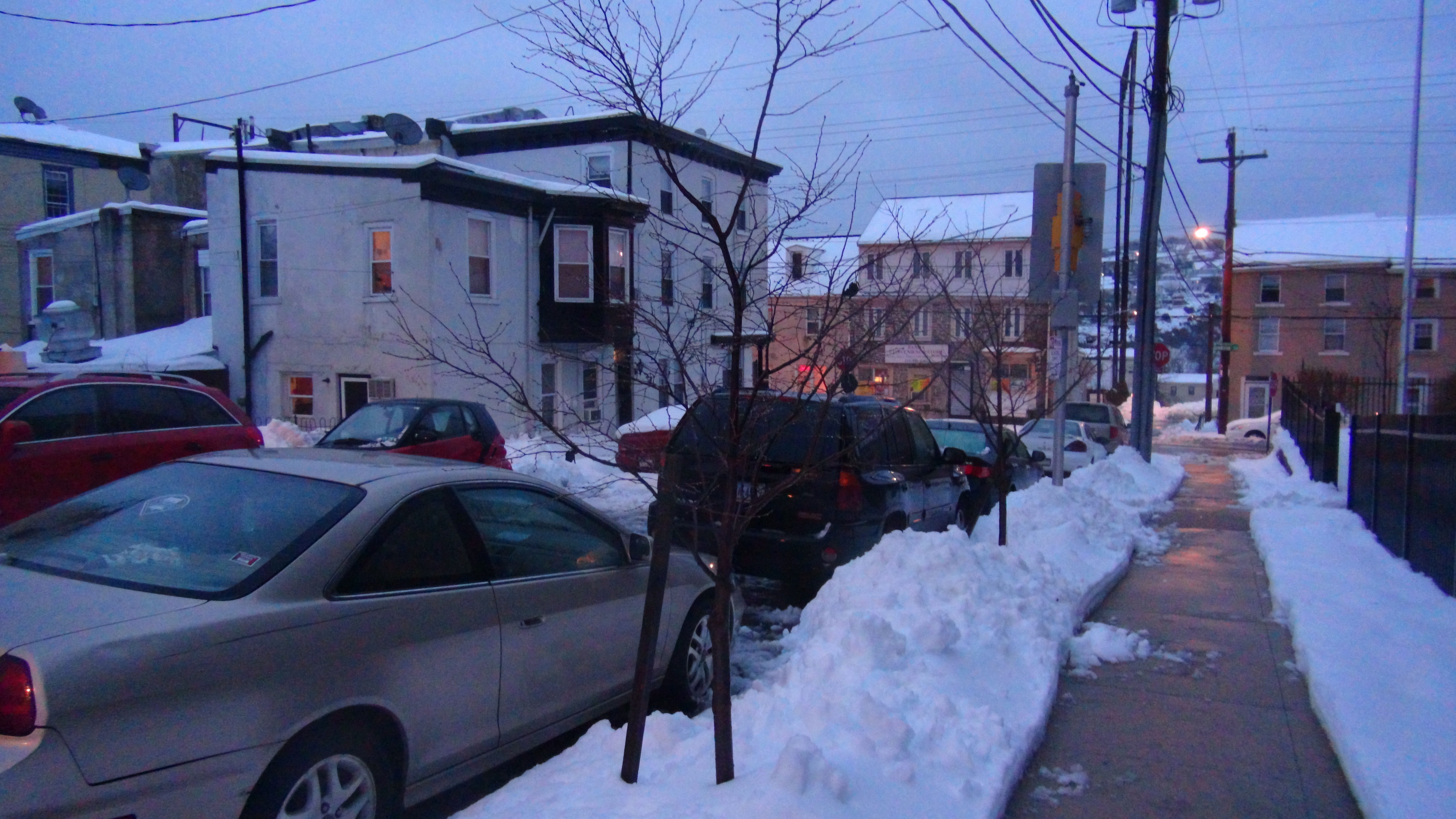 Snow covered street in Manayunk, Philadelphia neighbornhood